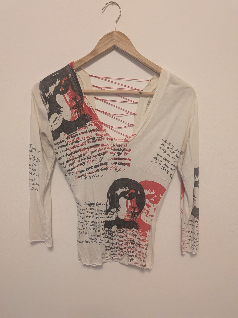 Religion London White Graphic Art Top | Red Lace-Up V-Neck | Punk | Long Sleeve